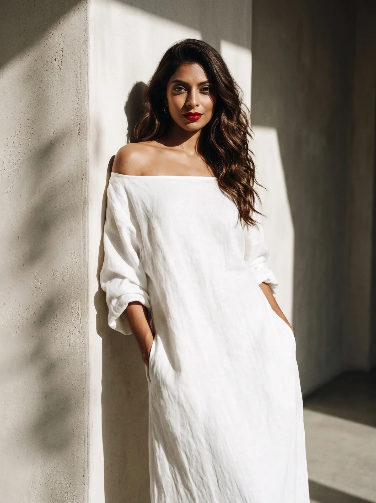 Nankii Siingh in an off-the-shoulder white linen dress with hands in her pockets, leaning against a sunlit pillar