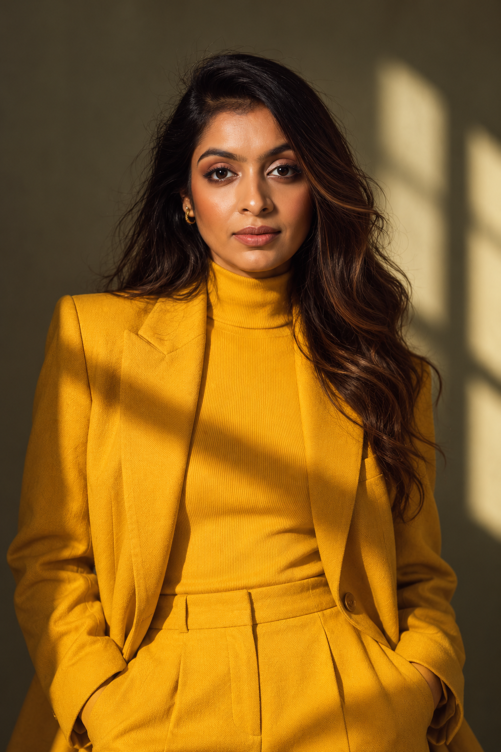 Nankii Siingh in a mustard yellow suit with hands in her pockets, in golden window light
