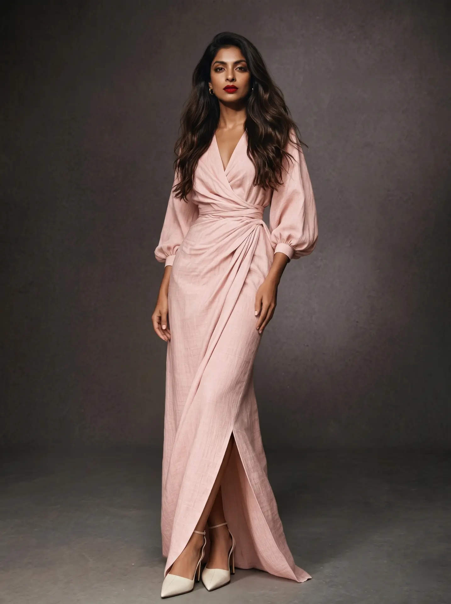 Full-length portrait of Nankii Siingh in a blush pink wrap maxi dress with balloon sleeves and cream heels, standing against a dark studio backdrop, from head to heels
